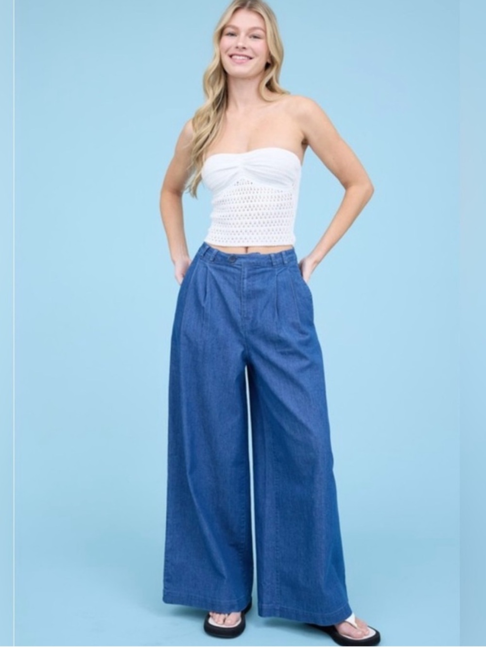 Blue Pepper Pleated Wide Leg Chambray Pants-NWT